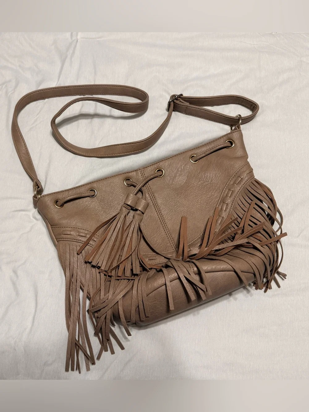 Fringed Crossbody Shoulder Bag - Taupe Brown